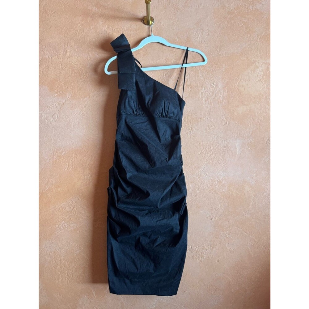 Xscape Black One Shoulder Bow Cocktail Dress Ruched Bodycon Size 6